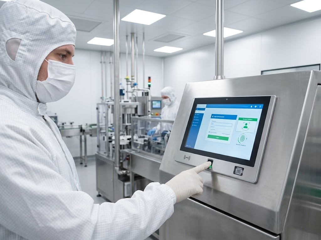 Cleanroom operator authenticating with integrated fingerprint scanner on stainless steel industrial touch panel PC